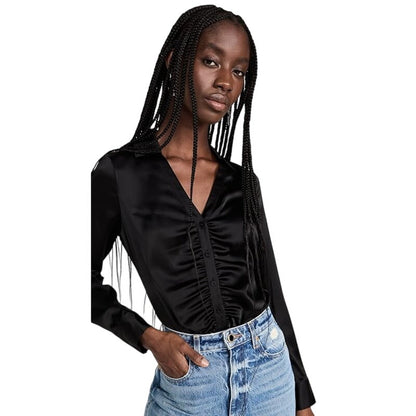 Theory Women's Ruched Button-Up Shirt in Satin Black, Size Large