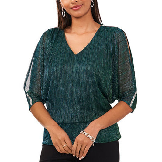 MSK Women's Split-Sleeve Shimmer Blouse in Dazzling Jade Green