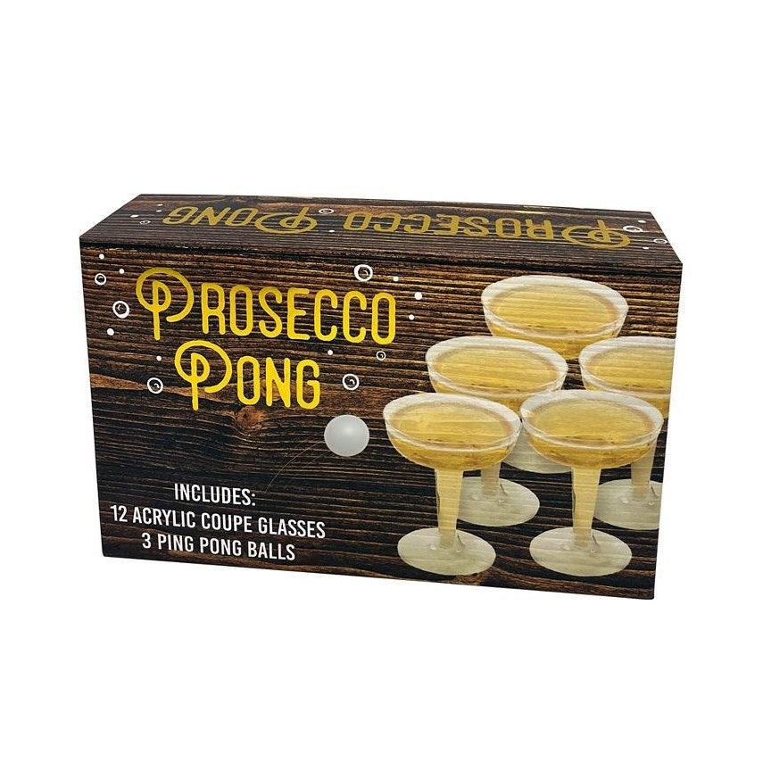 TMD Holdings Wood Grain Prosecco Pong Boxed Game with 12 Acrylic Coupe Cups and 3 Ping Pong Balls 4.5 oz