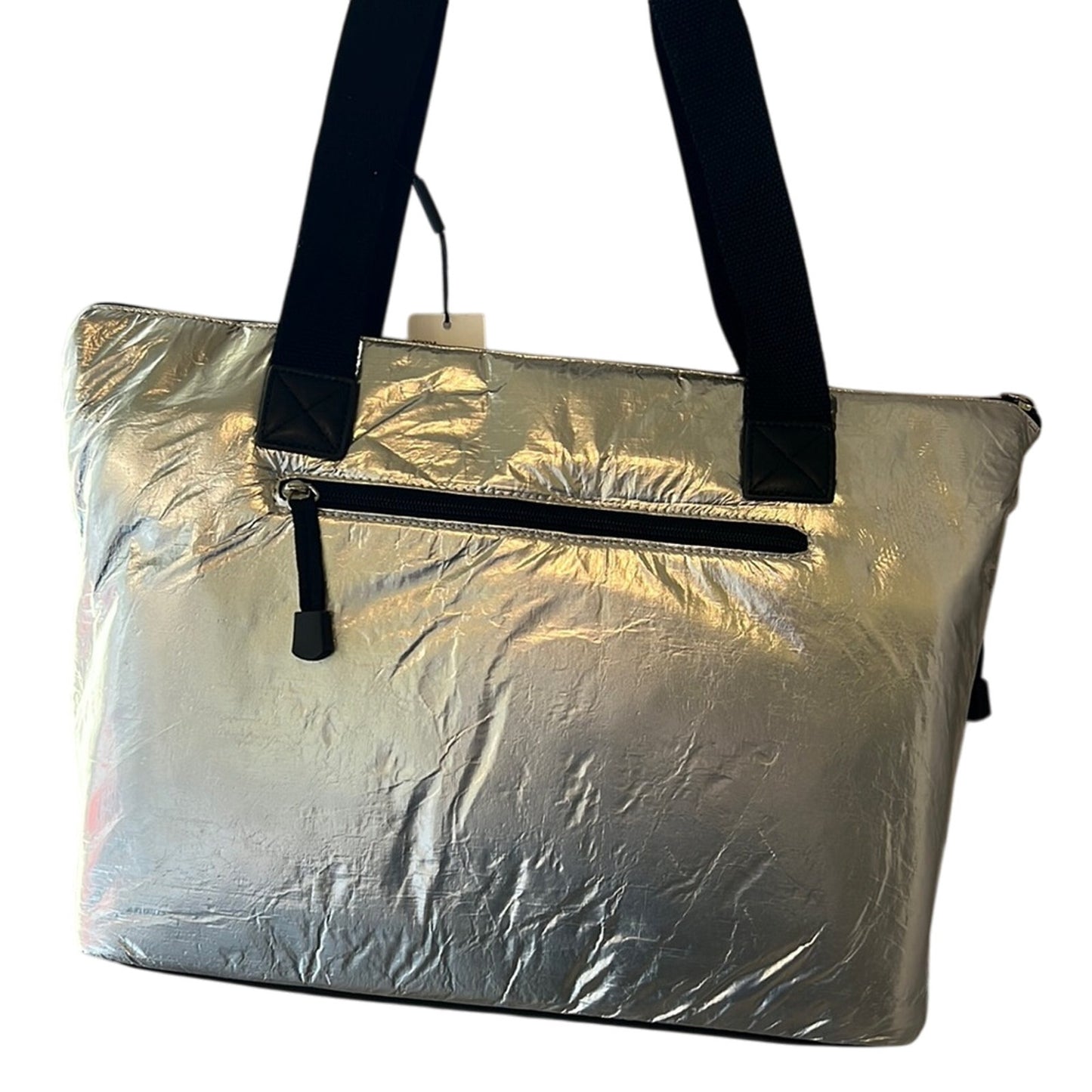 Calvin Klein Metallic Silver Tote Bag w/ Pockets & Black Details, NWT, $168