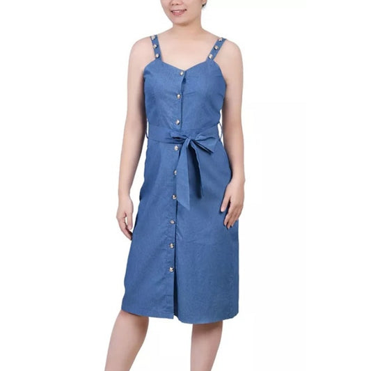 NY Collection Women's Petite Sweetheart Neckline Button Dress in Medium Denim