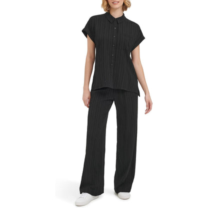 Calvin Klein Women's Collared Short Sleeve Button Up Top in Black