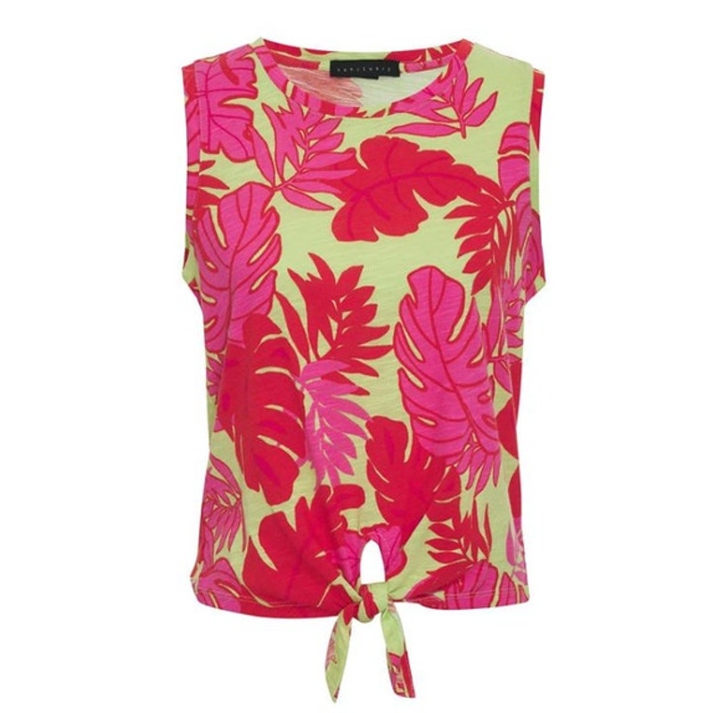 Sanctuary Ladies Pink & Green Neon Palm Leaf Print Sleeveless Tie Front Top