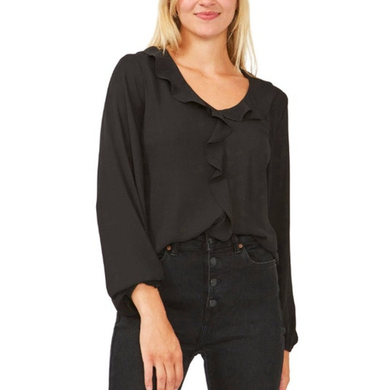 Vince Camuto Women's Black Ruffle V-Neck Blouse, Long Sleeve, Size Medium