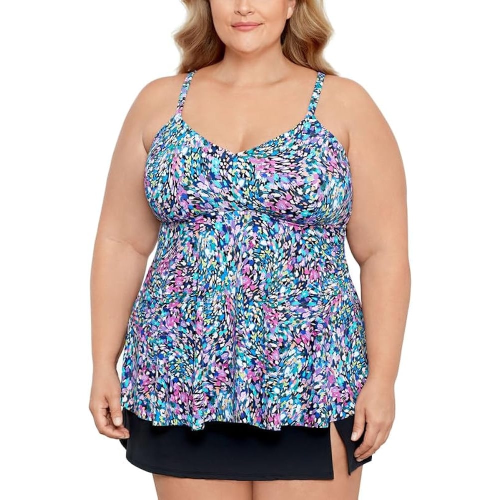 Swim Solutions Women's Plus Size Printed V-Neck Underwire Tankini Top in Multi