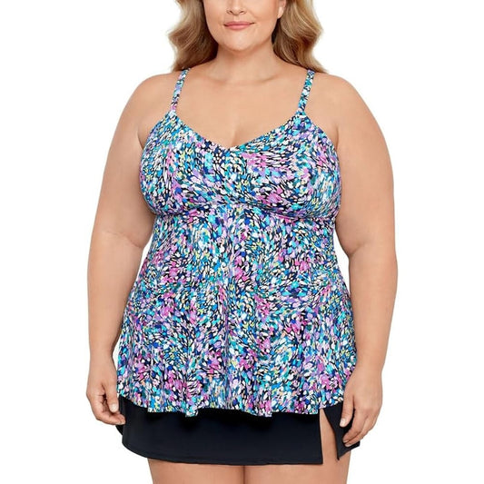 Swim Solutions Women's Plus Size Printed V-Neck Underwire Tankini Top in Multi