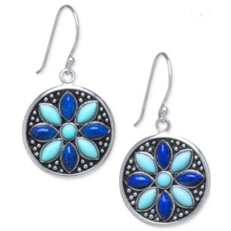 R. H. Macy Sterling Silver, Turquoise & Lapis Flower Drop Earrings