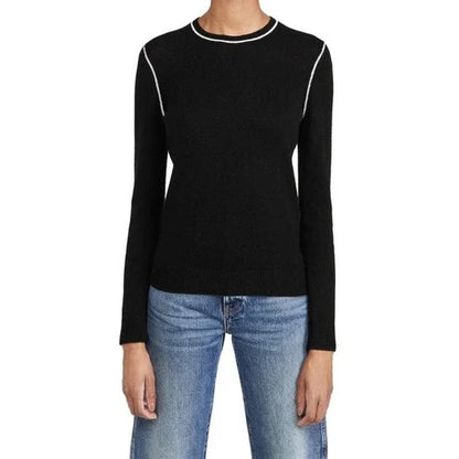 Theory Women's Crew Neck Po Cashmere Sweater, Black/Ecru