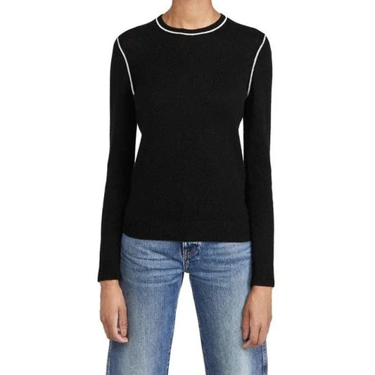 Theory Women's Crew Neck Po Cashmere Sweater, Black/Ecru, Size Medium