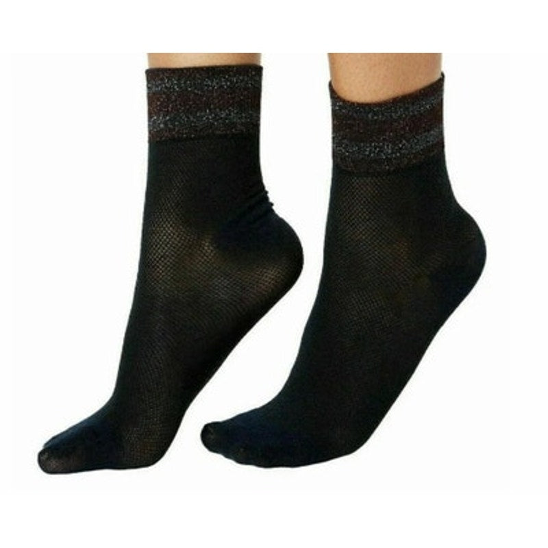 INC International Concepts Ladies Ankle Varsity Stripe Socks, Black/Metallic, 2 Pack