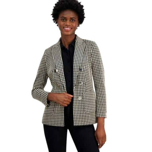 Anne Klein Women's Houndstooth Jacquard Blazer Jacket in  Latte Tan & Black