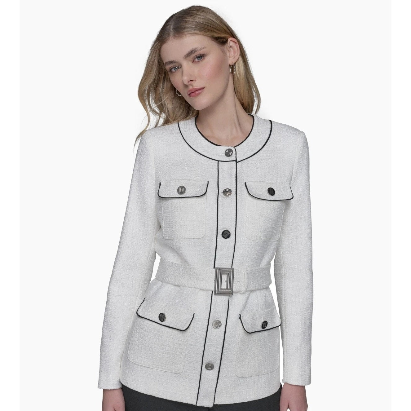 KARL LAGERFELD PARIS Women's Belted Tweed Jacket in Ivory Cream