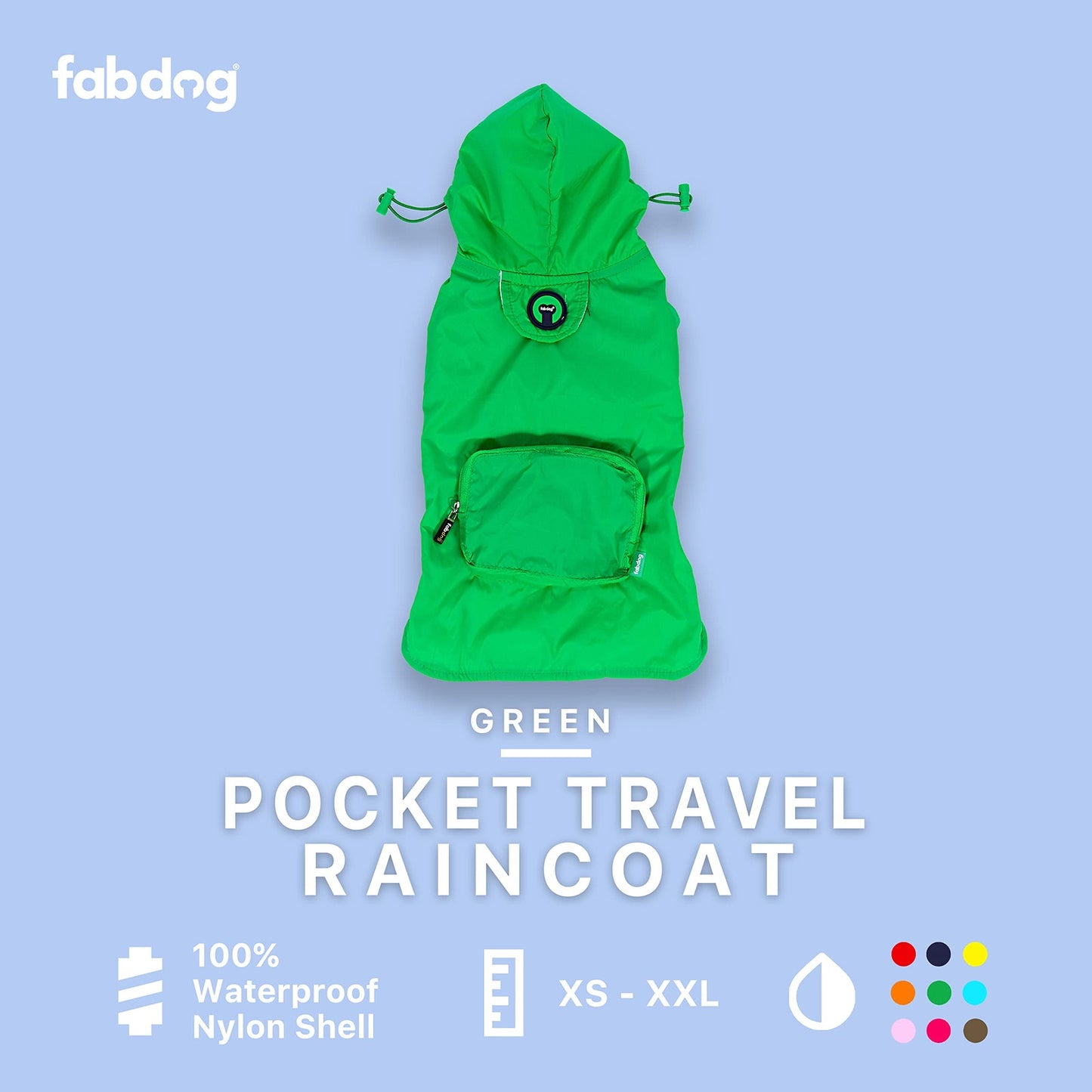 FabDog Bright Green Packable Pet Raincoat Jacket w/ Hood for Cat or Dog