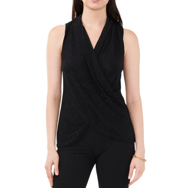 MSK Women's Sleeveless Crossover Front Glitter Blouse in Black