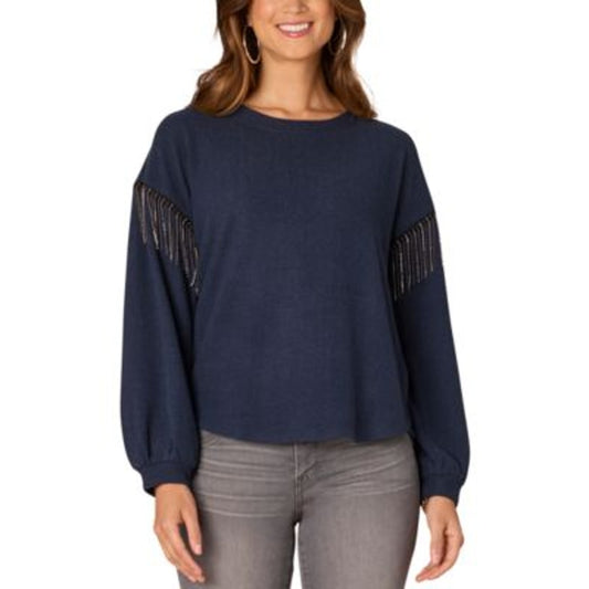 Democracy Women's Long Sleeve Fringe Top in Heather Blue