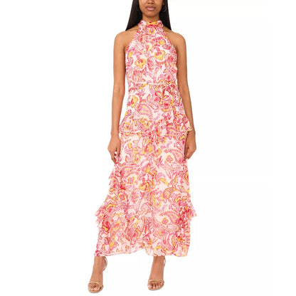 CeCe Women's Printed Sleeveless Tiered-Ruffle-Trim Dress in Magenta Multi