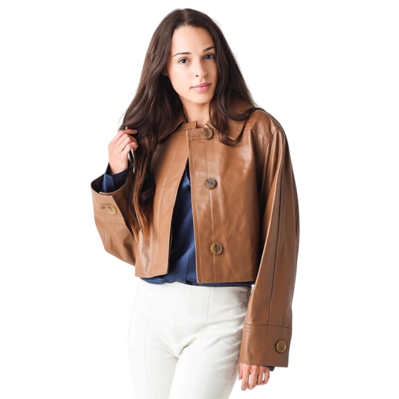 VINCE Women's Cropped Leather Jacket in Caramel Brown, Size Small