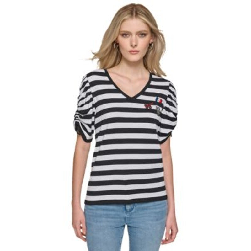 KARL LAGERFELD PARIS Women's Ruched-Sleeve Striped Top in Black & Soft White