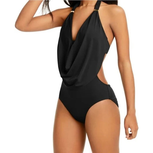 Bar III Solid Cowlneck One-Piece Swimsuit In Black