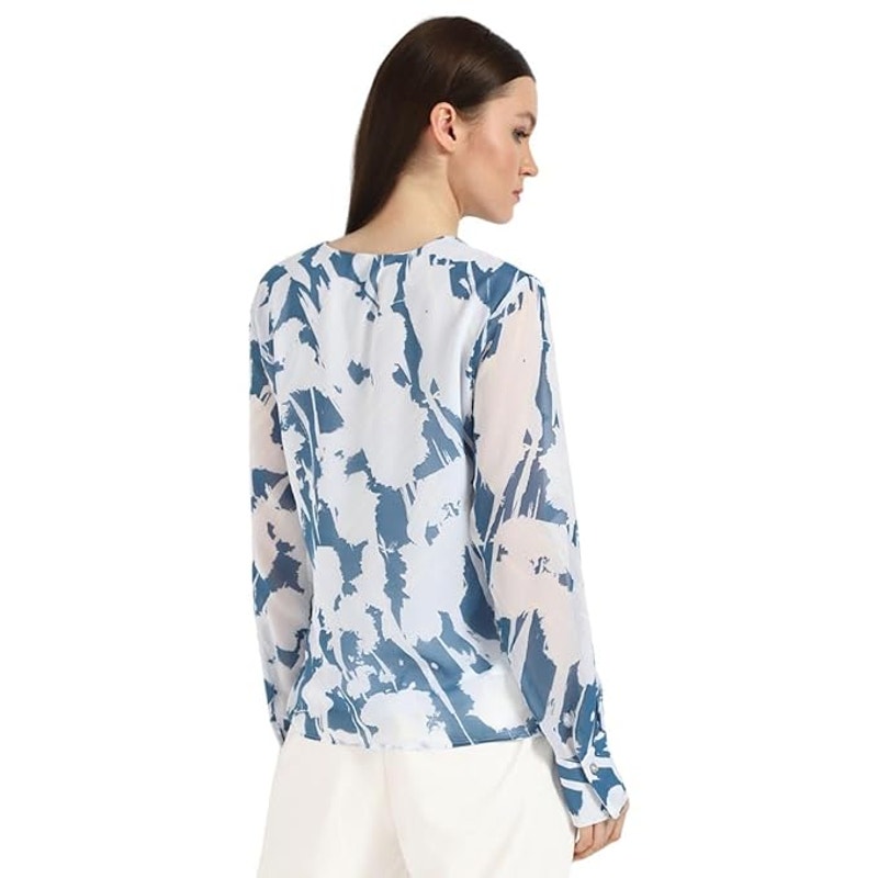 Calvin Klein Women's Floral Chiffon V-Neck Top in Poseidon Blue