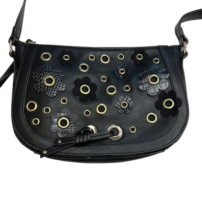 Nine West Black Leather Floral “Evelina” Saddle Bag, Gold Eyelet Details, NWT!
