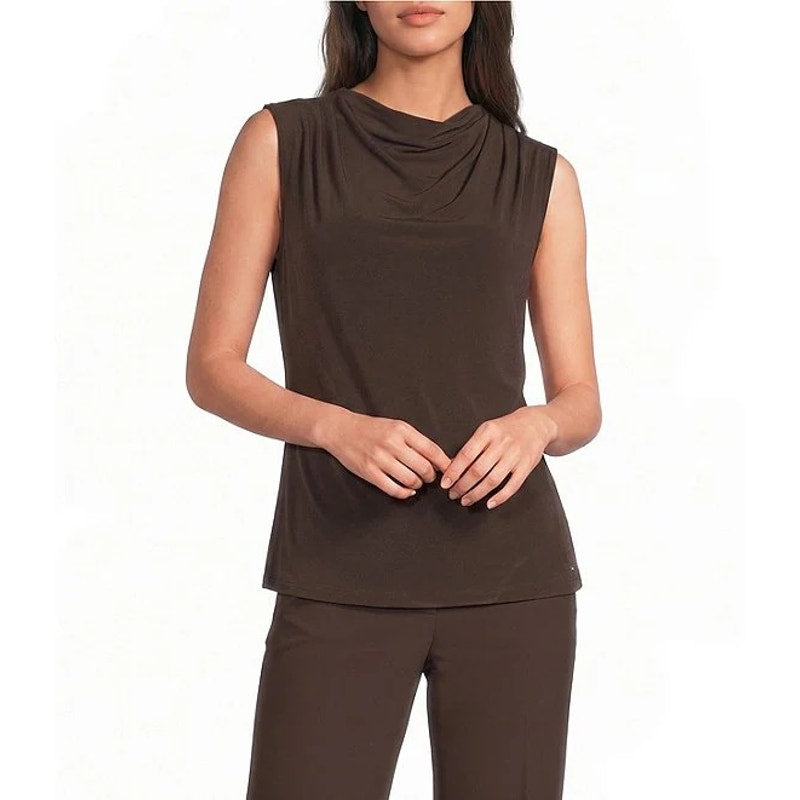 Calvin Klein Sleeveless Jersey Mesh Cowlneck Top in Toasted Sumac Brown