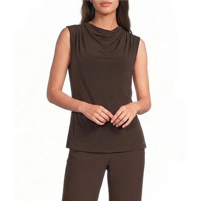 Calvin Klein Sleeveless Jersey Mesh Cowlneck Top in Toasted Sumac Brown