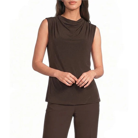 Calvin Klein Sleeveless Jersey Mesh Cowlneck Top in Toasted Sumac Brown