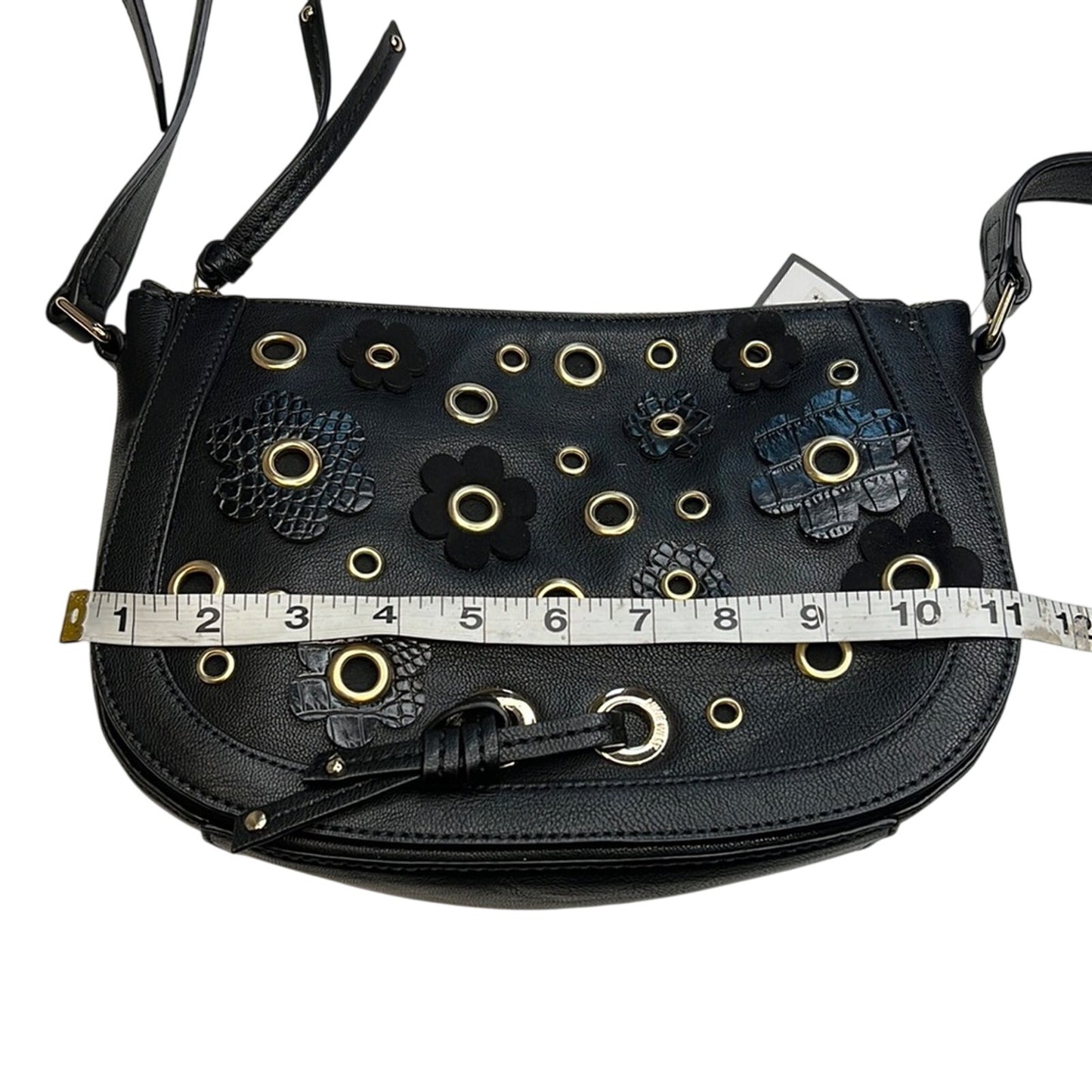 Nine West Black Leather Floral “Evelina” Saddle Bag, Gold Eyelet Details, NWT!