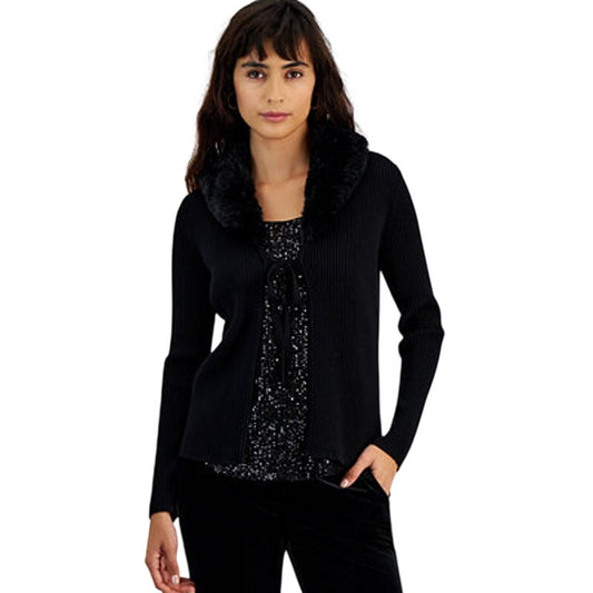 Bar III Women's Faux Fur Collar Ribbed Knit Sweater in Black