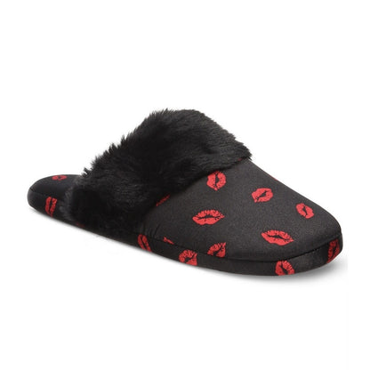 INC International Concepts Women's Black & Red Fuzzy Kiss Slippers, Size 5/6
