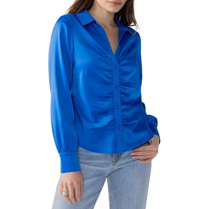 Sanctuary Women's Time To Shine Ruched Button-Down Top Blouse, Galactic Blue