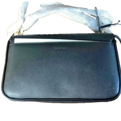 Calvin Klein Black Leather Crossbody Bag w/ Gold Stud & Lock Details