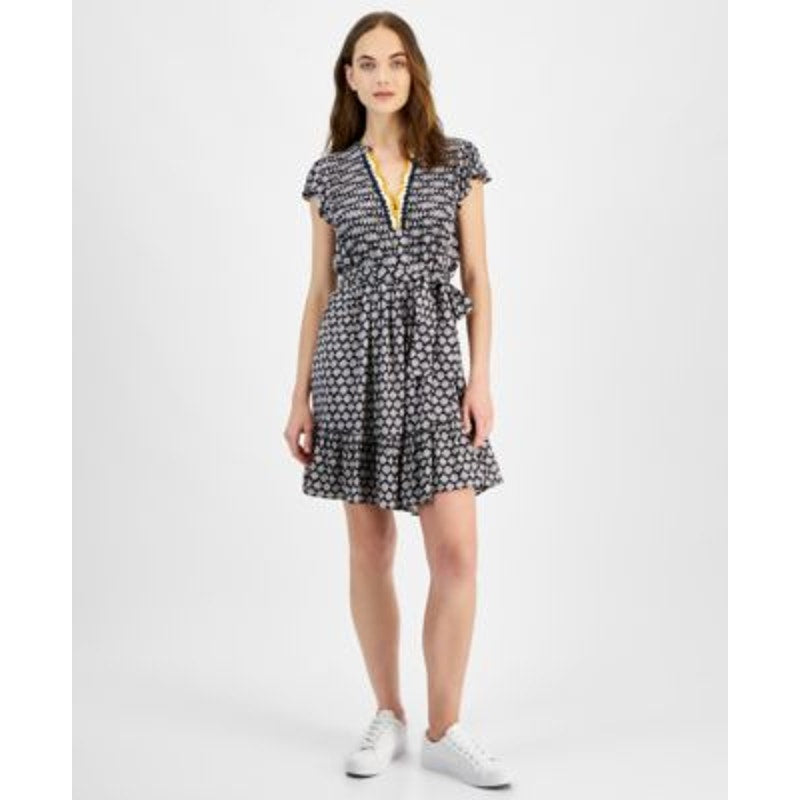 Nautica Jeans Women's Crochet-Trim Flutter-Sleeve Dress in Nigh Sky Black