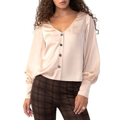 SANCTUARY EXTENDED CUFF BLOUSE IN OAKMILK SATIN