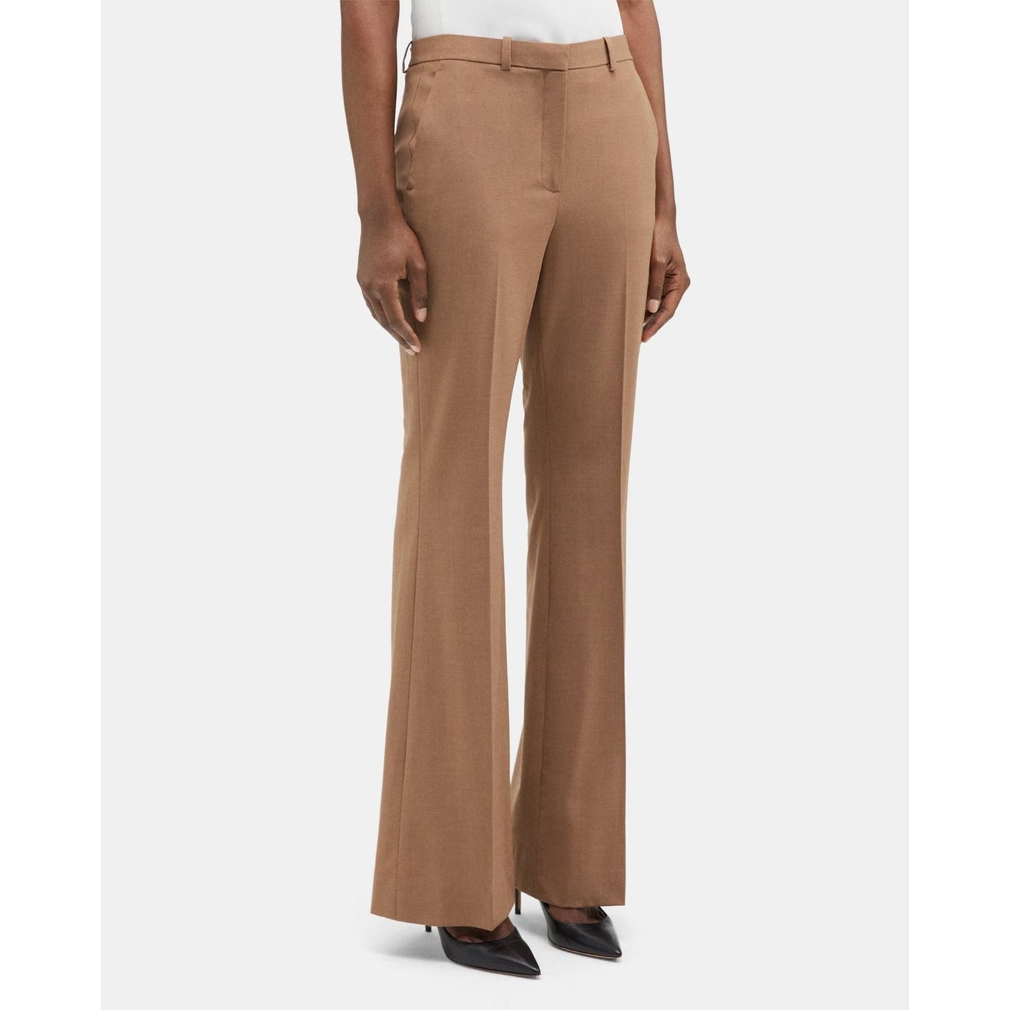 Theory High-Waist Flare Pant in Palomino Stretch Wool, Size 0