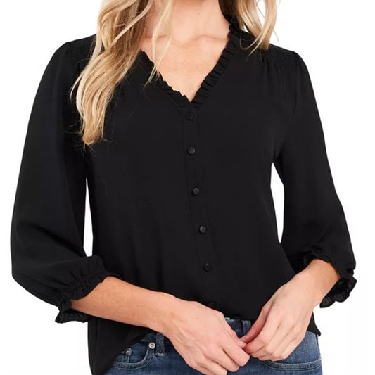 CeCe Women's Ruffled Button-Front Top in Rich Black