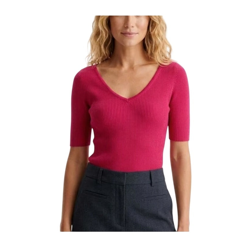 HUGO BOSS Orange Womens V-Neck Ribbed Elbow-Sleeve Top in Jazzy Pink