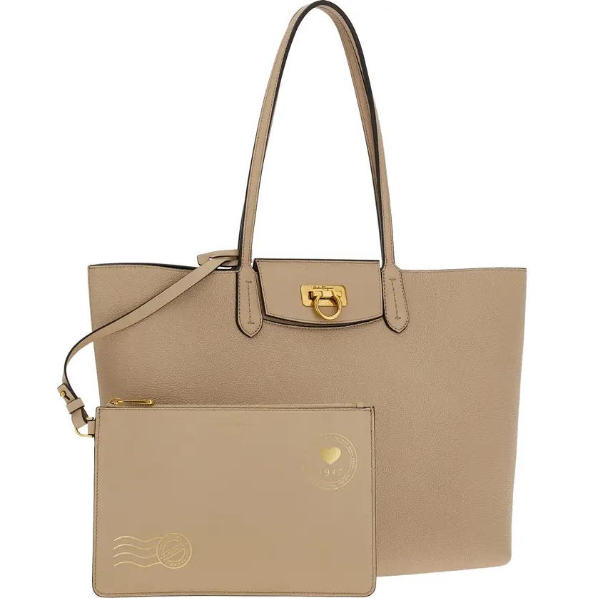 SALVATORE FERRAGAMO Leather Travel Tote In Daino Calfskin Tan