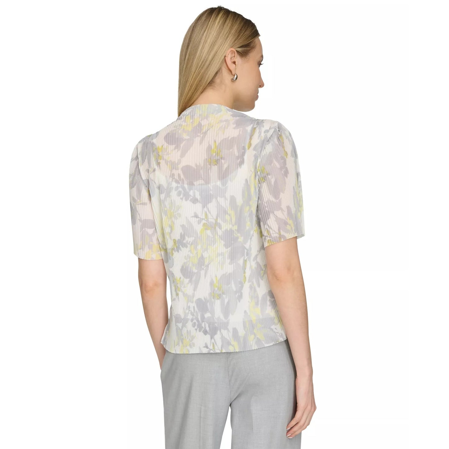 Calvin Klein Printed Mock Neck Short-Sleeve Top in Gray Yellow Floral