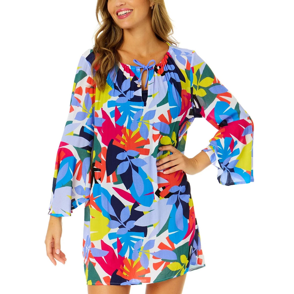 Anne Cole Women's Bright Flowy Floral Keyhole Coverup Dress in Blue Multi