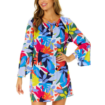 Anne Cole Women's Bright Flowy Floral Keyhole Coverup Dress in Blue Multi
