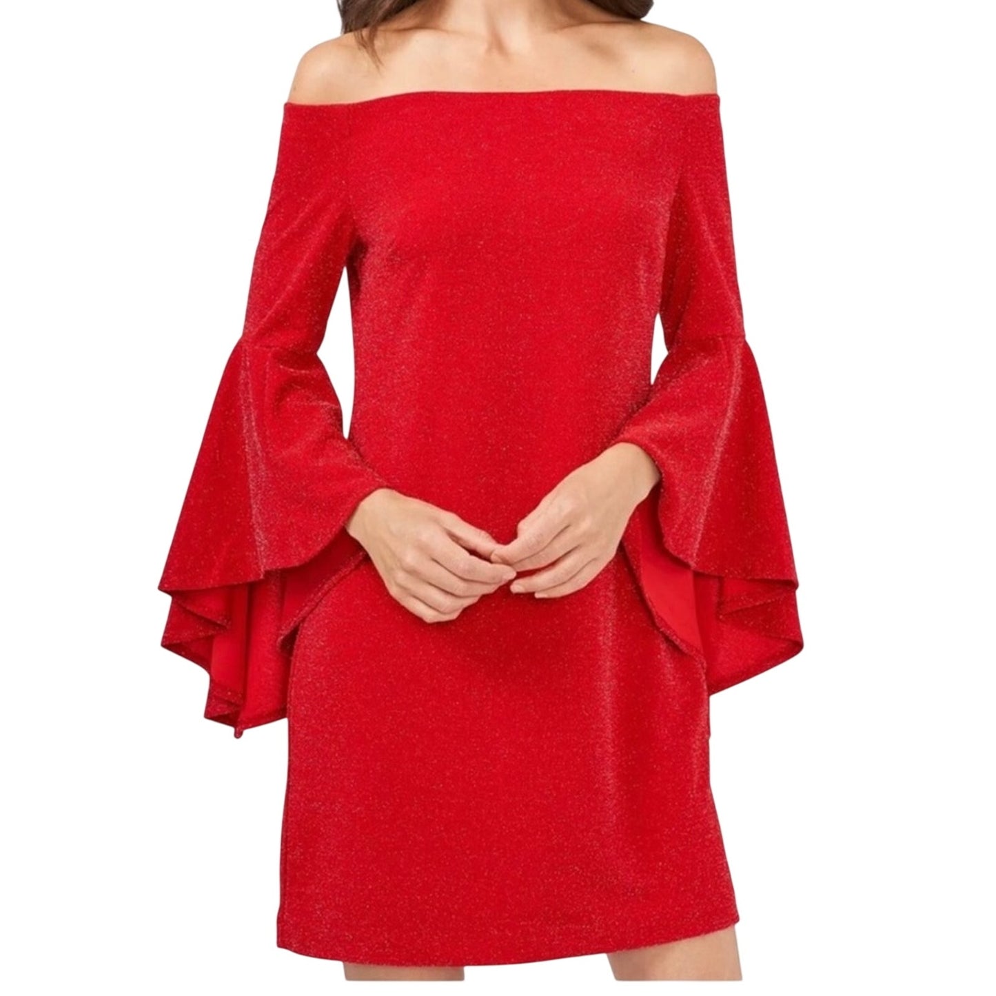 Vince Camuto Red Glitter Bodycon Dress w/ Bell Sleeves, Off-the-Shoulder