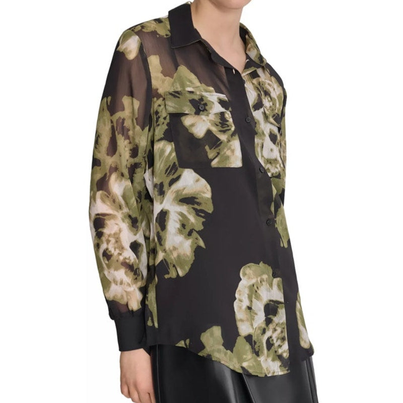 DKNY Women's Printed Button-Front Long-Sleeve Sheer Top in Photo Floral