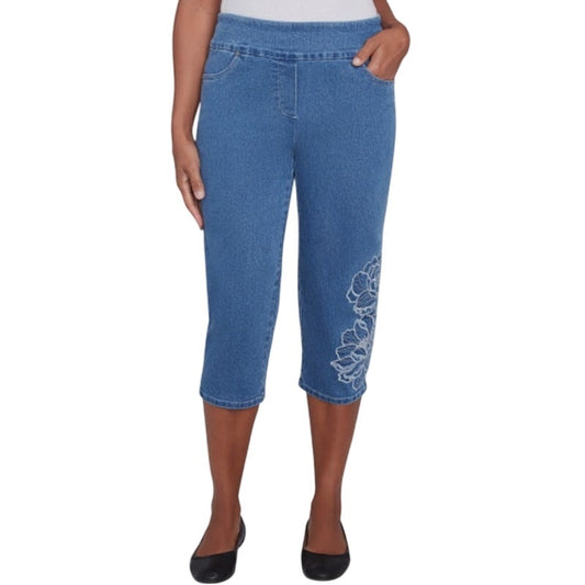 Alfred Dunner Petite Embroidered Free Spirit Cropped Jeans in Medium Denim