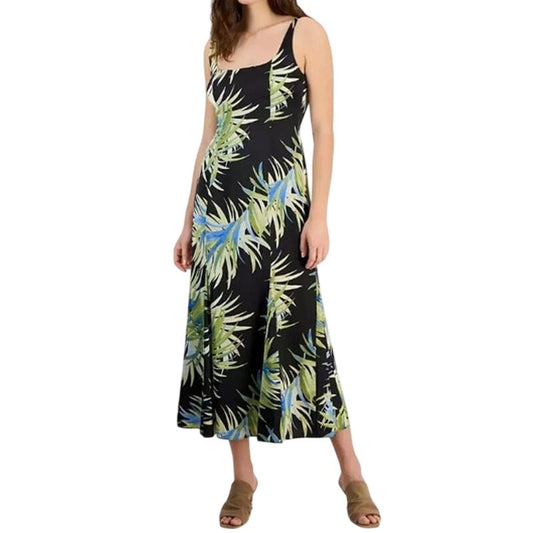 Bar III Women's Sleeveless Palm-Print Satin Midi Dress in Black Multi