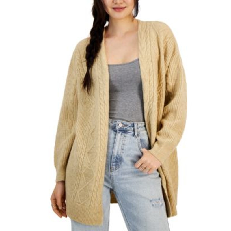 Hooked Up by IOT Juniors Fisherman-Knit Open-Front Cardigan Cashmere Sand, Large