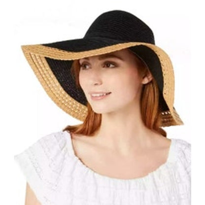 INC International Concepts Ladies Mixed Braid Colorblock Sun Hat, Black & Tan