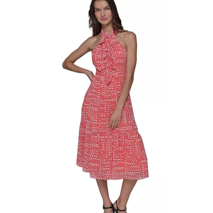 KARL LAGERFELD PARIS Women's Bow-Neck Halter Midi Dress in Sunset Coral Dot