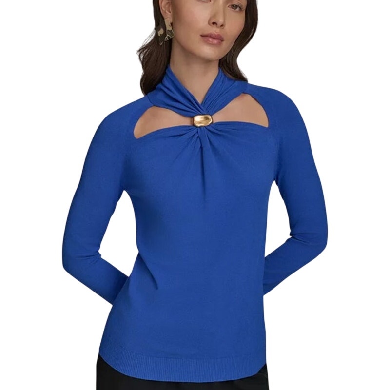 Donna Karan New York Women's Cutout Long-Sleeve Sweater in Royal Blue